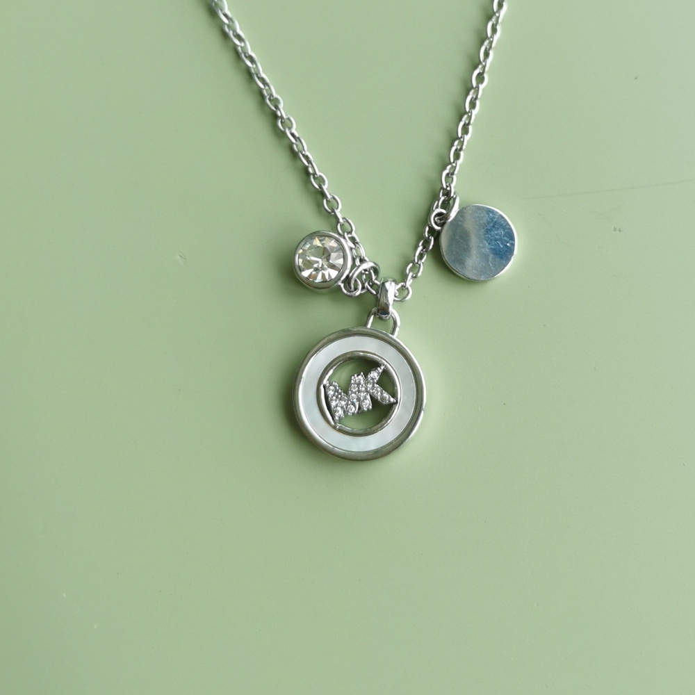 Michael Kors Silver Crystal Logo Triple Charm Pendant Necklace NEW